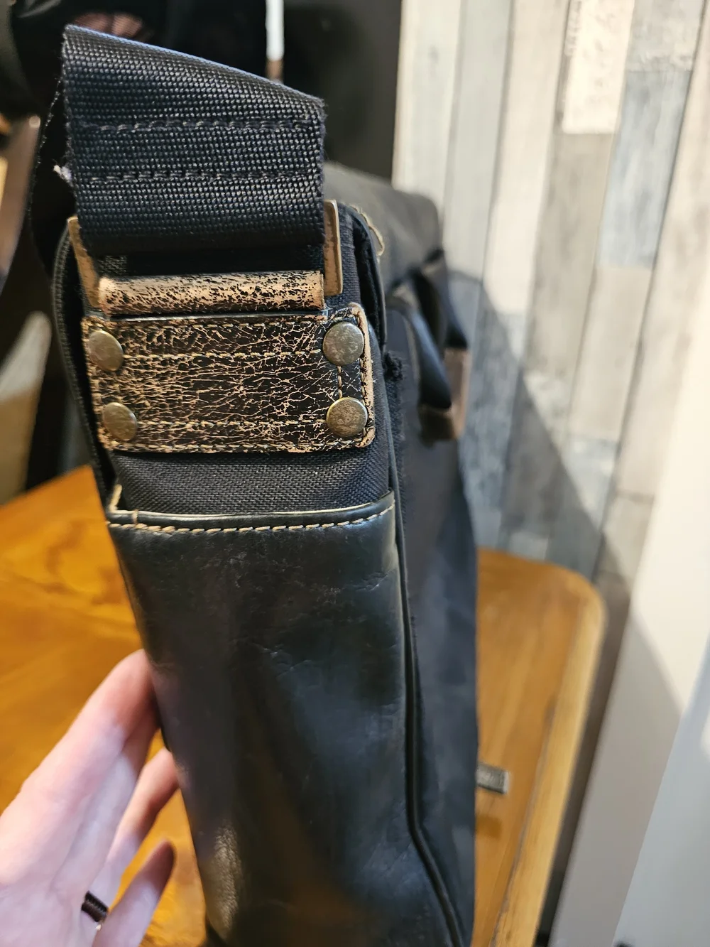 Men's Black Leather Messenger Bag with Adjustable Strap
